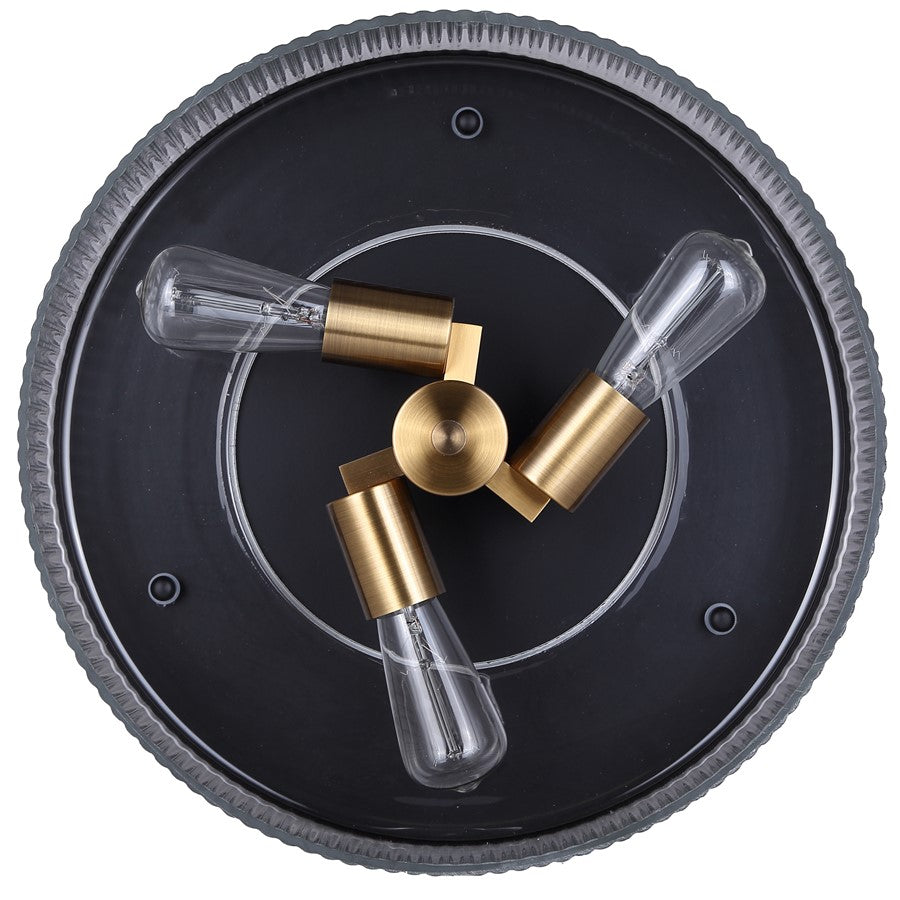 Canarm Jenner 15in 3-Light Semi-Flush Mount | Modern Matte Black and Gold with Clear Ribbed Glass | Hallway & Bedroom | Model ISF1143A03BKG