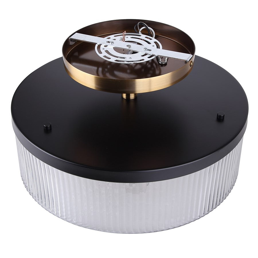 Canarm Jenner 15in 3-Light Semi-Flush Mount | Modern Matte Black and Gold with Clear Ribbed Glass | Hallway & Bedroom | Model ISF1143A03BKG