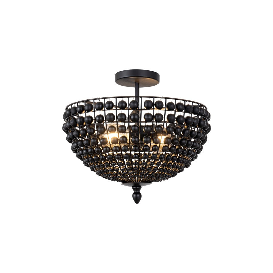 Canarm Burkley 16in 2-Light Semi-Flush Mount | Modern Matte Black with Wood Bead Accents | Bedroom & Hallway | 16 x 16 x 15 in | Model ISF1185A02BK16