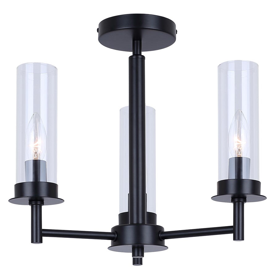 Canarm Benson 16in 3-Light Semi-Flush Mount | Transitional Matte Black with Clear Glass Globes | Kitchen & Bedroom | Model ISF1205A03BK