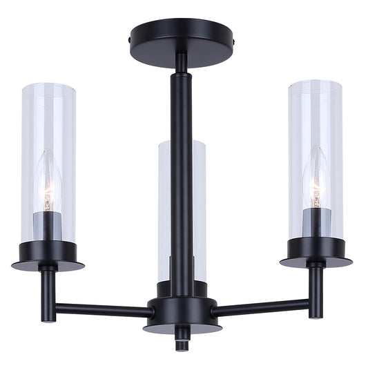 Canarm Benson 16in 3-Light Semi-Flush Mount | Transitional Matte Black with Clear Glass Globes | Kitchen & Bedroom | Model ISF1205A03BK
