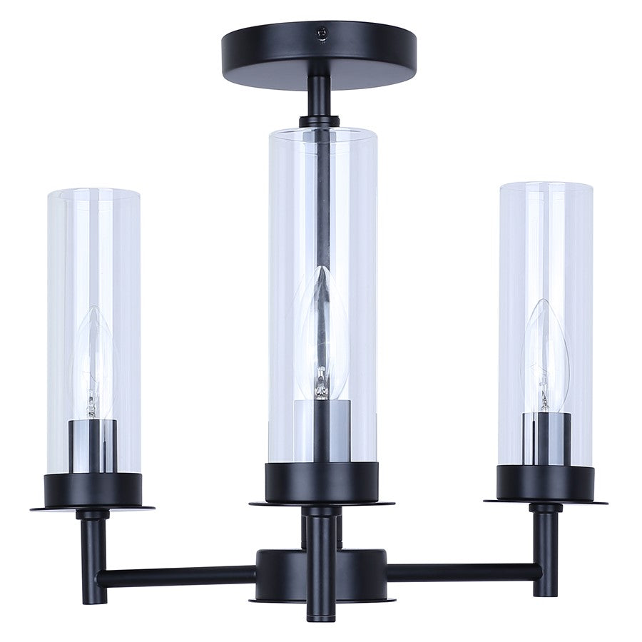 Canarm Benson 16in 3-Light Semi-Flush Mount | Transitional Matte Black with Clear Glass Globes | Kitchen & Bedroom | Model ISF1205A03BK
