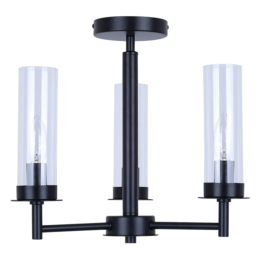Canarm Benson 16in 3-Light Semi-Flush Mount | Transitional Matte Black with Clear Glass Globes | Kitchen & Bedroom | Model ISF1205A03BK