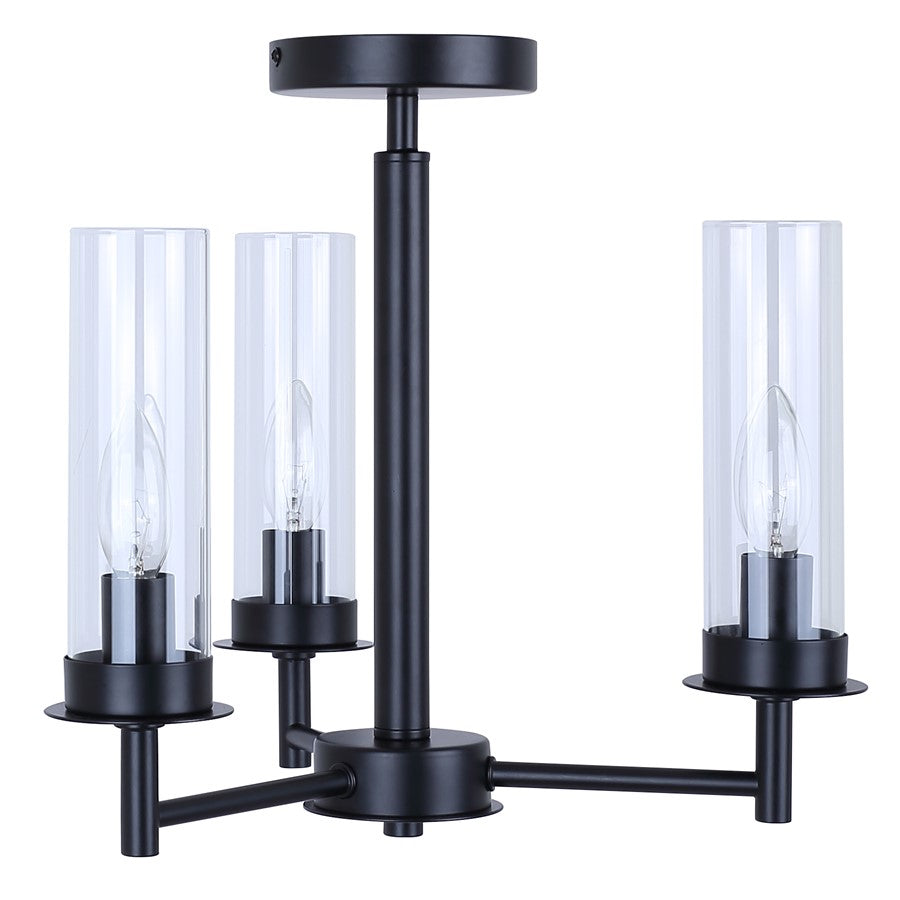 Canarm Benson 16in 3-Light Semi-Flush Mount | Transitional Matte Black with Clear Glass Globes | Kitchen & Bedroom | Model ISF1205A03BK