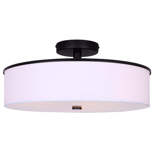 Canarm Tristan 17in 3-Light Semi-Flush Mount | Modern Matte Black and White Fabric Shade | Living Room & Dining Room | Model ISF2037B03BK