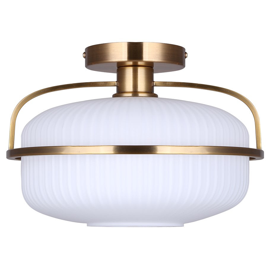 Canarm Eve 12in 1-Light Semi-Flush Mount | Mid-Century Brushed Gold and Opal Glass | Entryway & Bedroom | 12 x 12 x 8.25 in | Model ISF2190B01GD