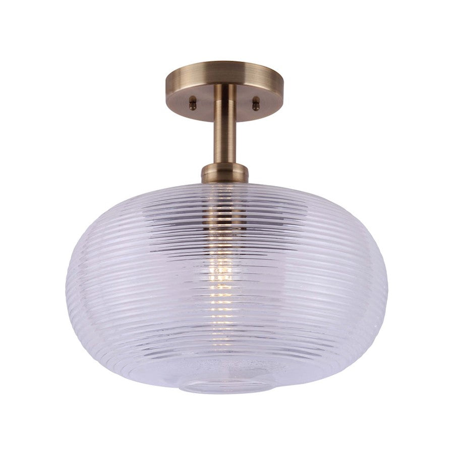 Canarm Ivan 13in 1-Light Semi Flush | Modern Matte Gold and Clear Ribbed Glass | Entryway & Hallway | 13.38 x 13.75 in | Model ISF744B01GD