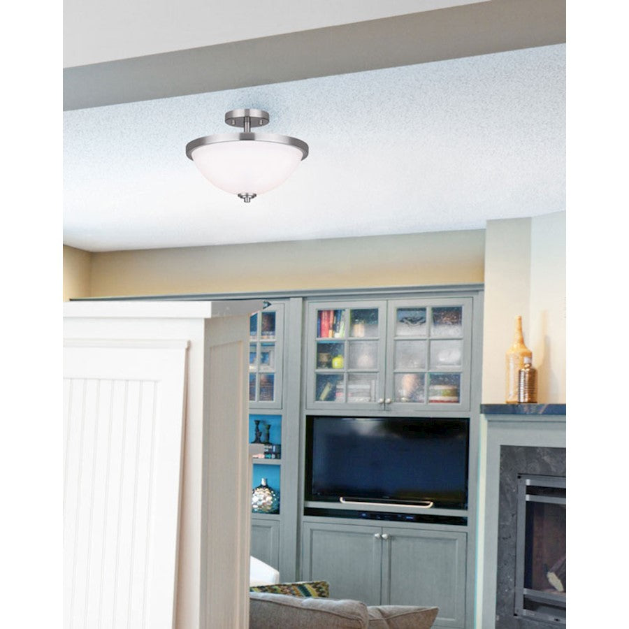 Canarm Noah 13in 2-Light Semi Flush | Modern Brushed Nickel and Opal Glass | Entryway & Hallway | 12.75 x 9.5 in | Model ISF765A02BN