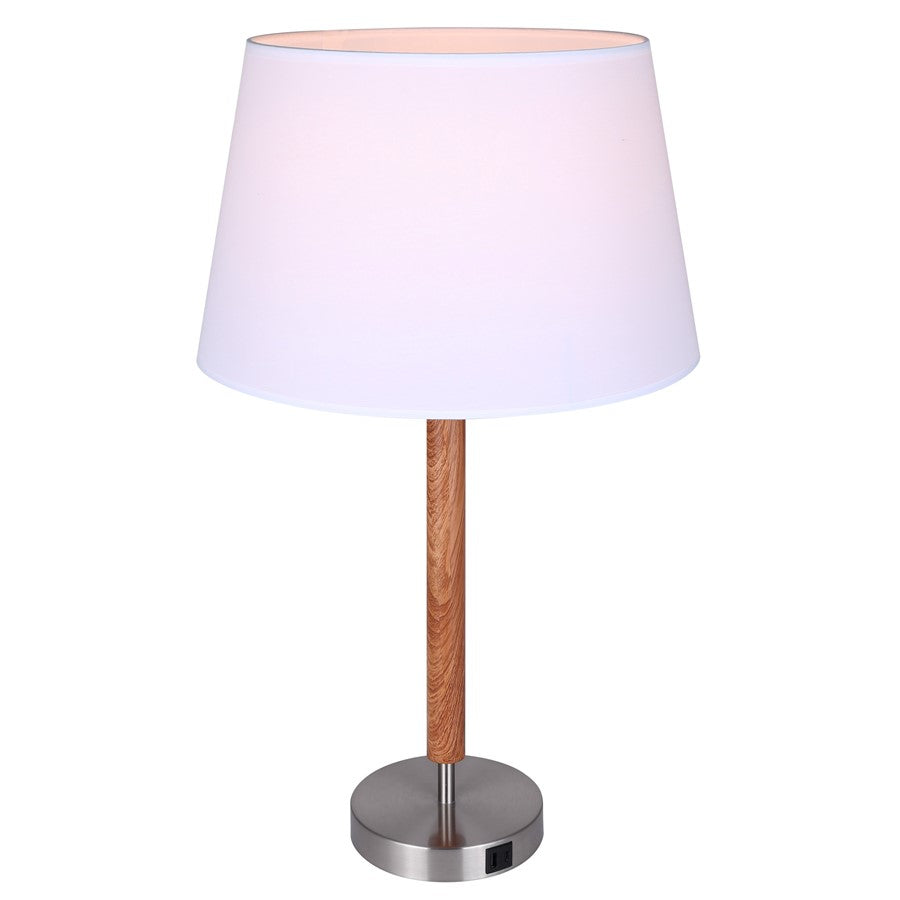 Canarm Maly 25.5in 1-Light Table Lamp | Brushed Nickel and Faux Wood with White Fabric Shade | Bedroom & Office with USB-C | Model ITL2137B26BNW