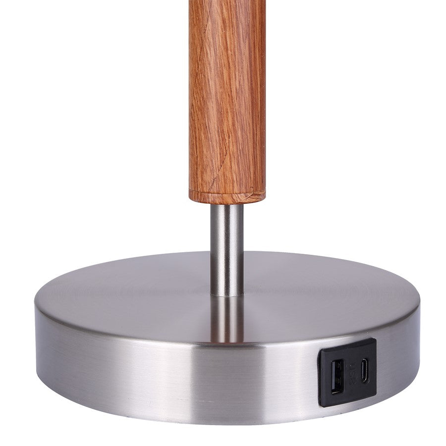 Canarm Maly 25.5in 1-Light Table Lamp | Brushed Nickel and Faux Wood with White Fabric Shade | Bedroom & Office with USB-C | Model ITL2137B26BNW