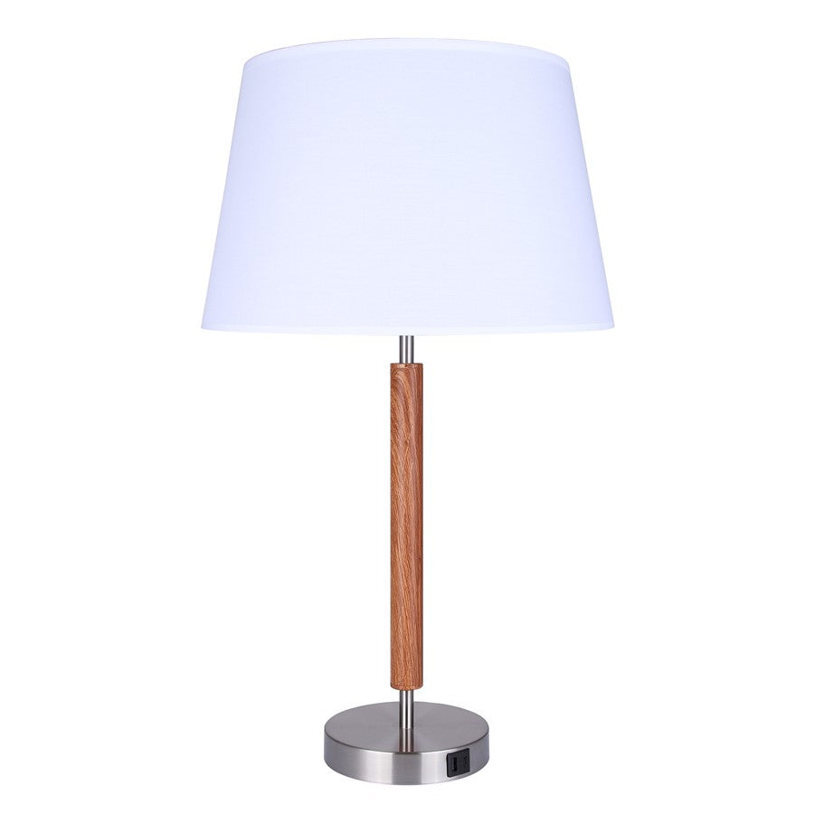 Canarm Maly 25.5in 1-Light Table Lamp | Brushed Nickel and Faux Wood with White Fabric Shade | Bedroom & Office with USB-C | Model ITL2137B26BNW