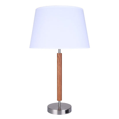 Canarm Maly 25.5in 1-Light Table Lamp | Brushed Nickel and Faux Wood with White Fabric Shade | Bedroom & Office with USB-C | Model ITL2137B26BNW