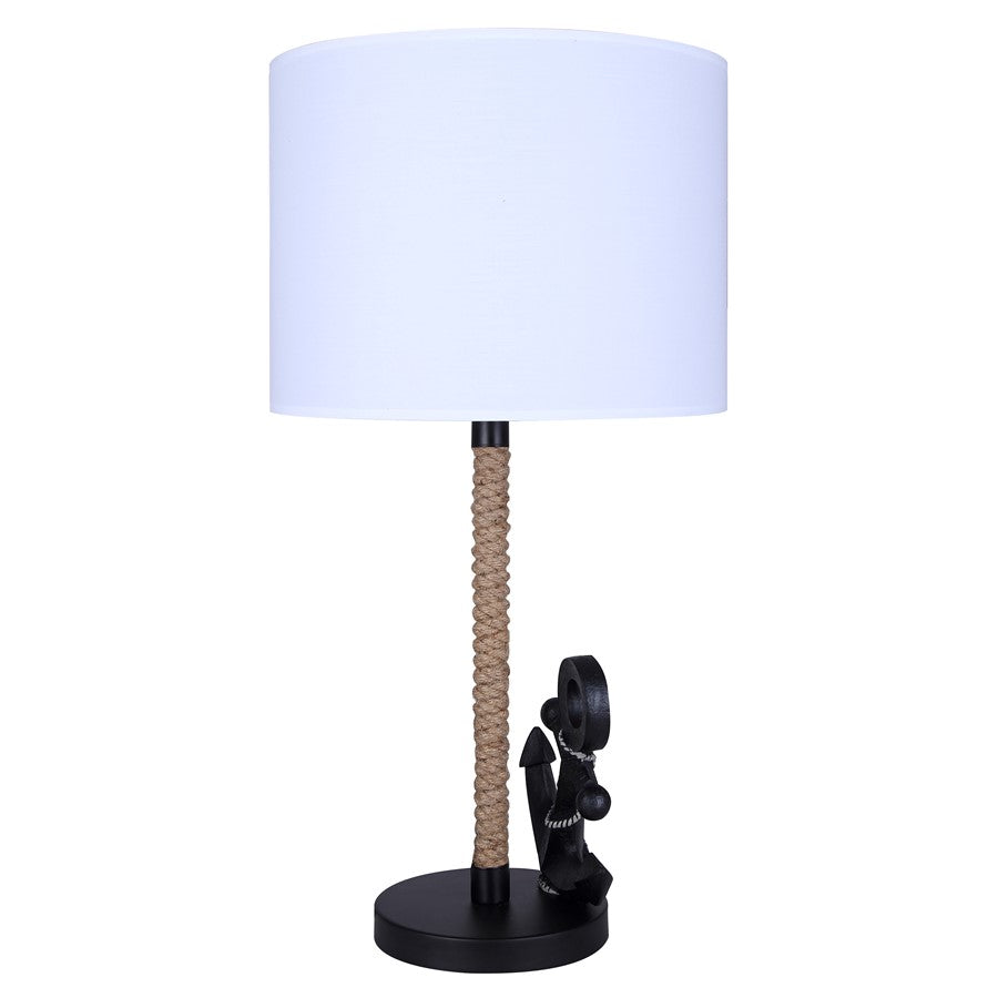 Canarm Sidro 26in 1-Light Table Lamp | Nautical Matte Black and Rope Accents White Fabric Shade | Bedroom & Living Room | Model ITL2139B26BK