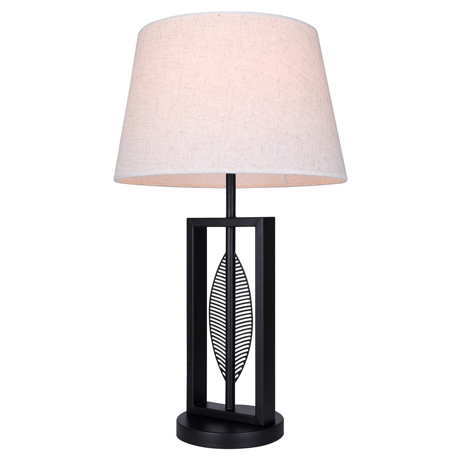 Canarm Willow 26in 1-Light Table Lamp | Modern Matte Black and Leaf Motif Natural Fabric Shade | Living Room & Bedroom | Model ITL2140B26BK
