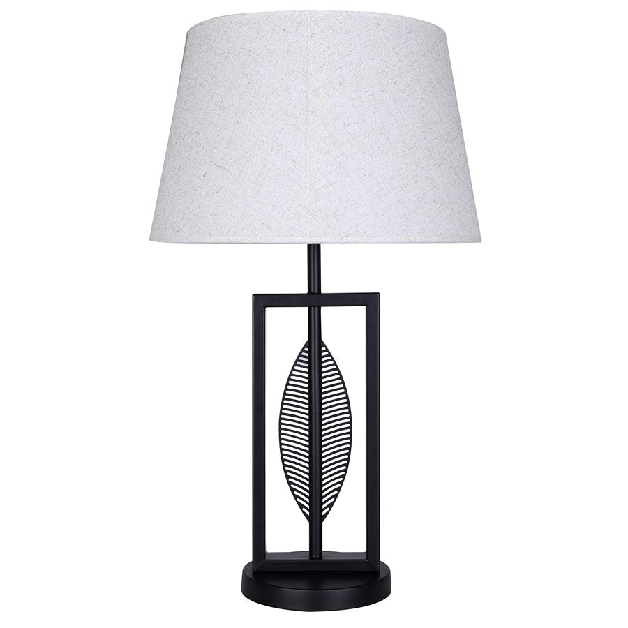 Canarm Willow 26in 1-Light Table Lamp | Modern Matte Black and Leaf Motif Natural Fabric Shade | Living Room & Bedroom | Model ITL2140B26BK