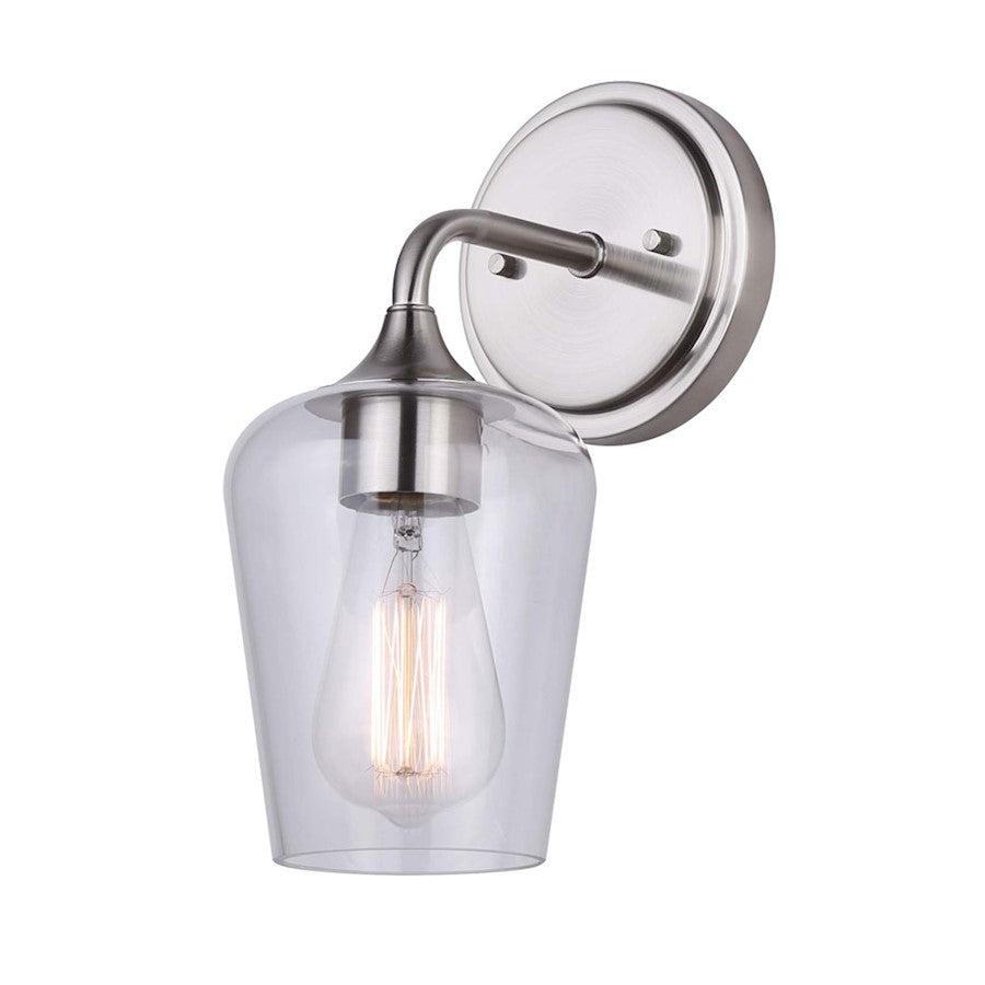 Canarm Conall 5in 1-Light Wall Sconce | Brushed Nickel and Clear Glass | Bathroom Vanity Light | 5 x 7 x 11.25 in | Model IVL1102A01BN