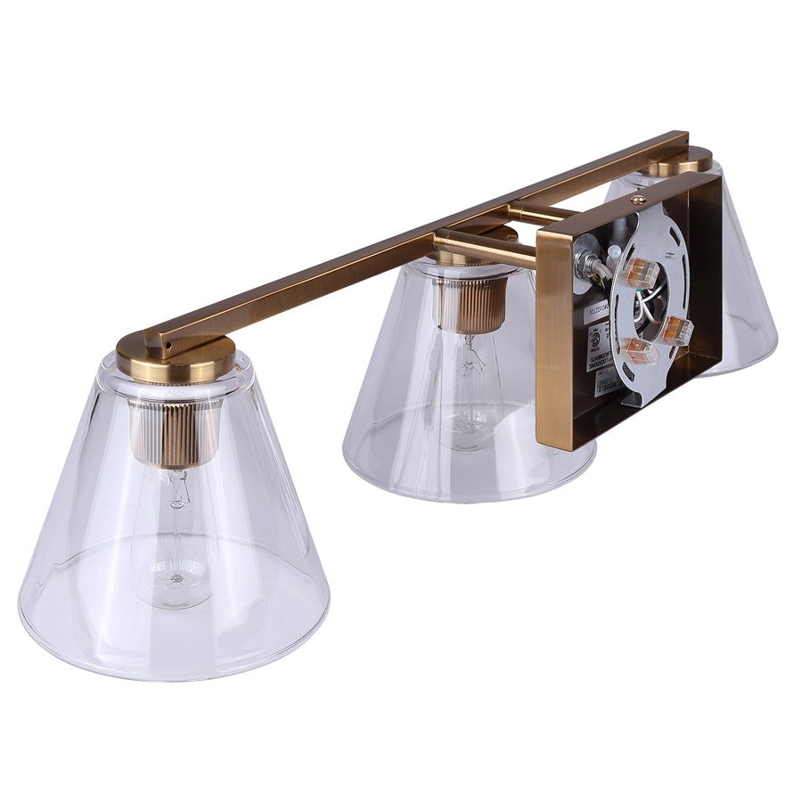 Canarm Berklie 3-Light 25.5in Bathroom Vanity Light | Matte Gold and Clear Glass | Bathroom Vanity & Grooming | 7.13in H | Model IVL1159A03GD
