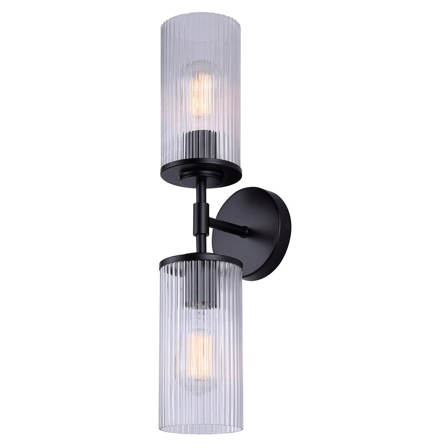 Canarm Kinslea 2-Light 6in Bathroom Vanity Light | Matte Black and Clear Ribbed Glass | Bathroom & Hallway | 20.38in H | Model IVL1165A02BK-CR