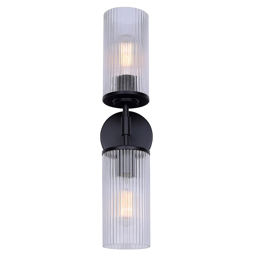 Canarm Kinslea 2-Light 6in Bathroom Vanity Light | Matte Black and Clear Ribbed Glass | Bathroom & Hallway | 20.38in H | Model IVL1165A02BK-CR