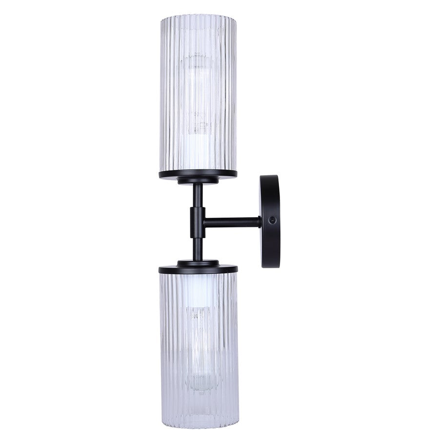 Canarm Kinslea 2-Light 6in Bathroom Vanity Light | Matte Black and Clear Ribbed Glass | Bathroom & Hallway | 20.38in H | Model IVL1165A02BK-CR