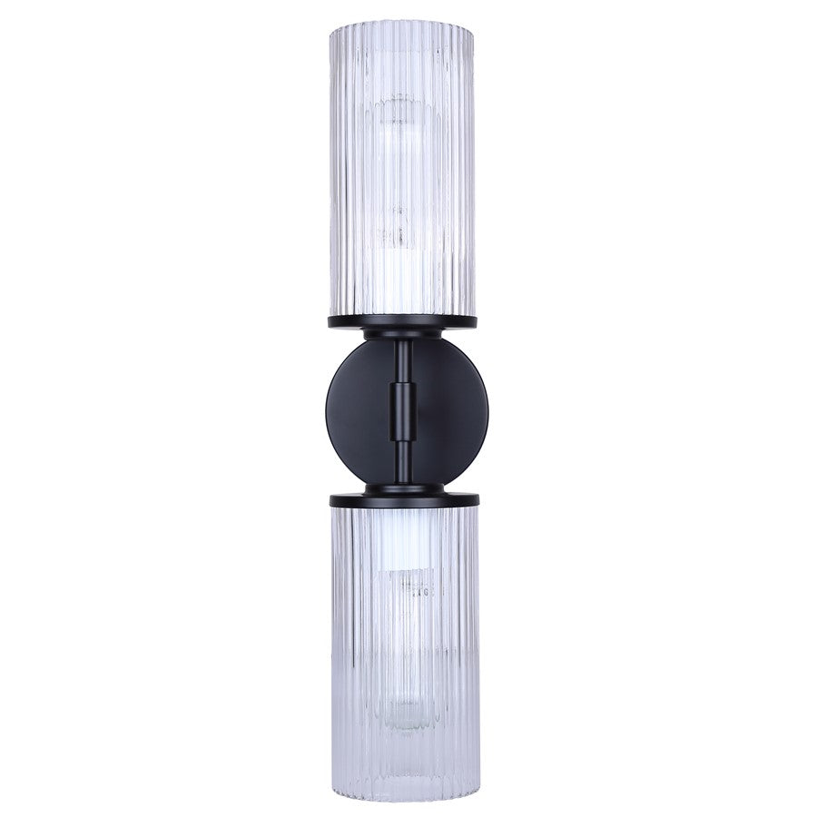 Canarm Kinslea 2-Light 6in Bathroom Vanity Light | Matte Black and Clear Ribbed Glass | Bathroom & Hallway | 20.38in H | Model IVL1165A02BK-CR