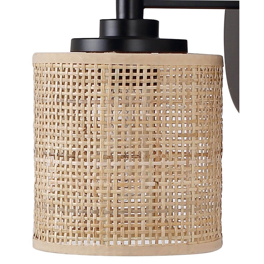 Canarm Meadow 7.5in 1-Light Vanity Light | Boho Matte Black Steel and Rattan | Bathroom & Powder Room | 7.5 x 6 x 9 in | Model IVL1206A01BK