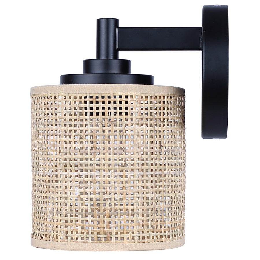 Canarm Meadow 7.5in 1-Light Vanity Light | Boho Matte Black Steel and Rattan | Bathroom & Powder Room | 7.5 x 6 x 9 in | Model IVL1206A01BK