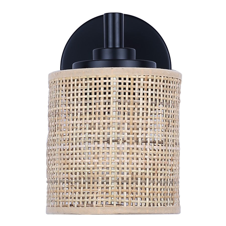 Canarm Meadow 7.5in 1-Light Vanity Light | Boho Matte Black Steel and Rattan | Bathroom & Powder Room | 7.5 x 6 x 9 in | Model IVL1206A01BK