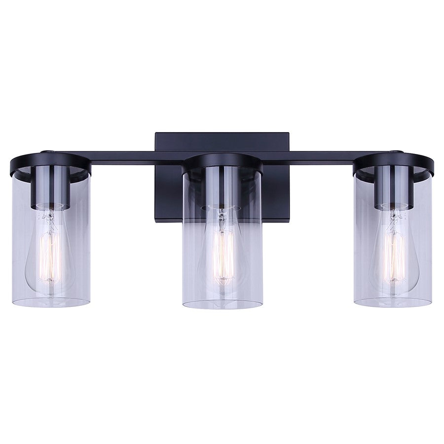 Canarm Britton 21in 3-Light Vanity Light | Industrial Matte Black and Clear Glass | Bathroom & Powder Room | 21 x 6 x 9.625 in | Model IVL1234A03BK