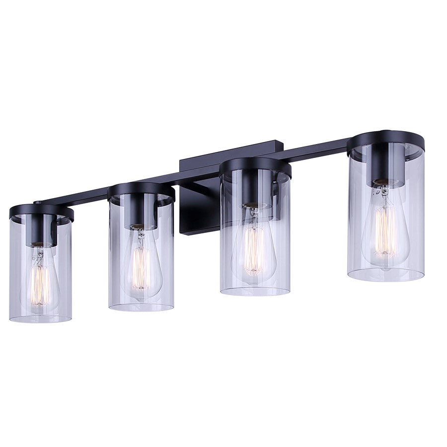 Canarm Britton 28in 4-Light Vanity Light | Industrial Matte Black and Clear Glass | Bathroom & Powder Room | 28 x 6 x 9.625 in | Model IVL1234A04BK