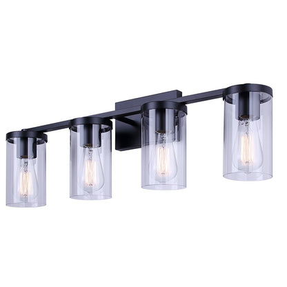 Canarm Britton 28in 4-Light Vanity Light | Industrial Matte Black and Clear Glass | Bathroom & Powder Room | 28 x 6 x 9.625 in | Model IVL1234A04BK