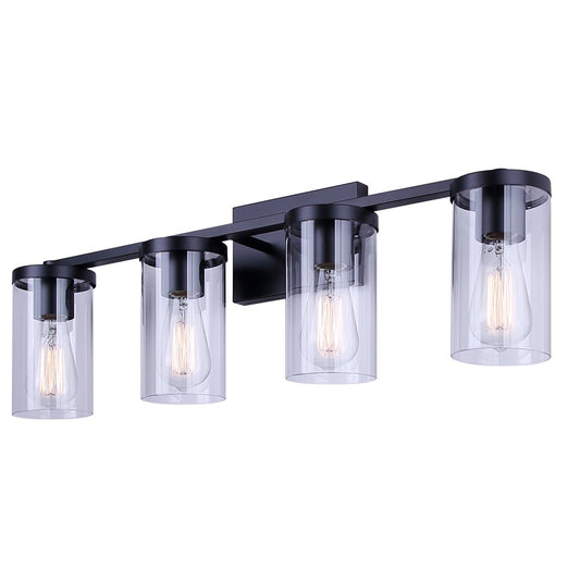 Canarm Britton 28in 4-Light Vanity Light | Industrial Matte Black and Clear Glass | Bathroom & Powder Room | 28 x 6 x 9.625 in | Model IVL1234A04BK