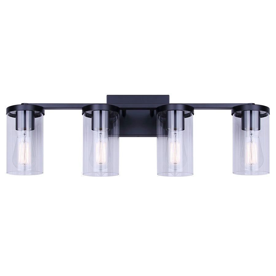 Canarm Britton 28in 4-Light Vanity Light | Industrial Matte Black and Clear Glass | Bathroom & Powder Room | 28 x 6 x 9.625 in | Model IVL1234A04BK