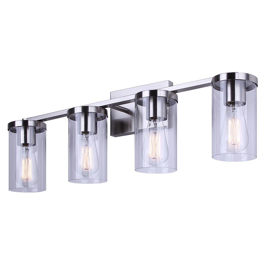 Canarm Britton 28in 4-Light Vanity Light | Modern Brushed Nickel and Clear Glass | Bathroom & Powder Room | 28 x 6 x 9.625 in | Model IVL1234A04BN