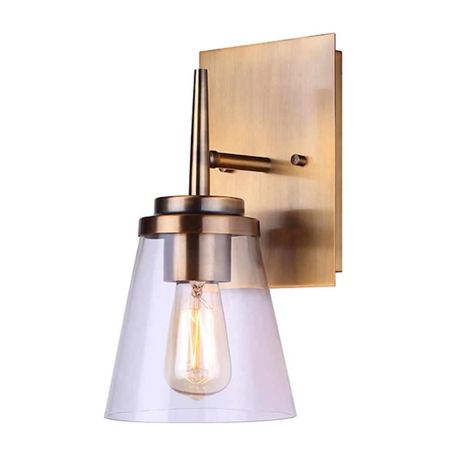 Canarm Perla 1-Light Wall Sconce | Industrial Gold Metal and Clear Glass | Bathroom & Vanity Accent | 5 x 6 x 11 in | Model IVL703A01GD