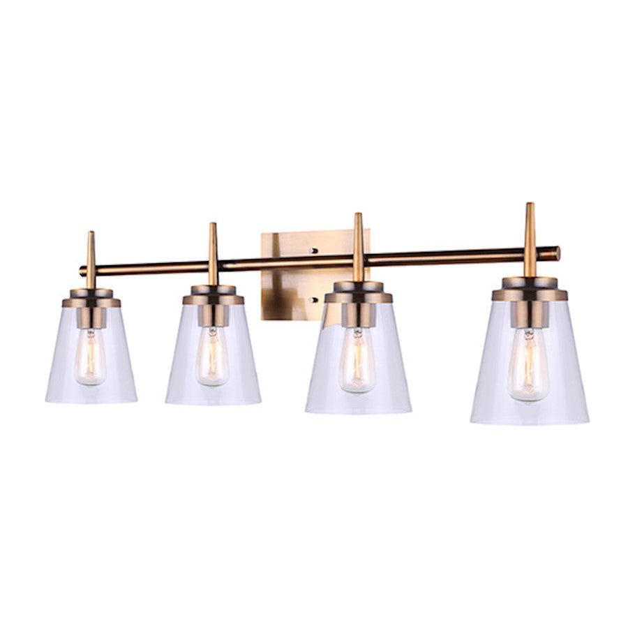 Canarm Perla 4-Light Vanity Light | Industrial Gold Metal and Clear Glass | Bathroom & Powder Room | 4 x 8 x 17 in | Model IVL703A04GD