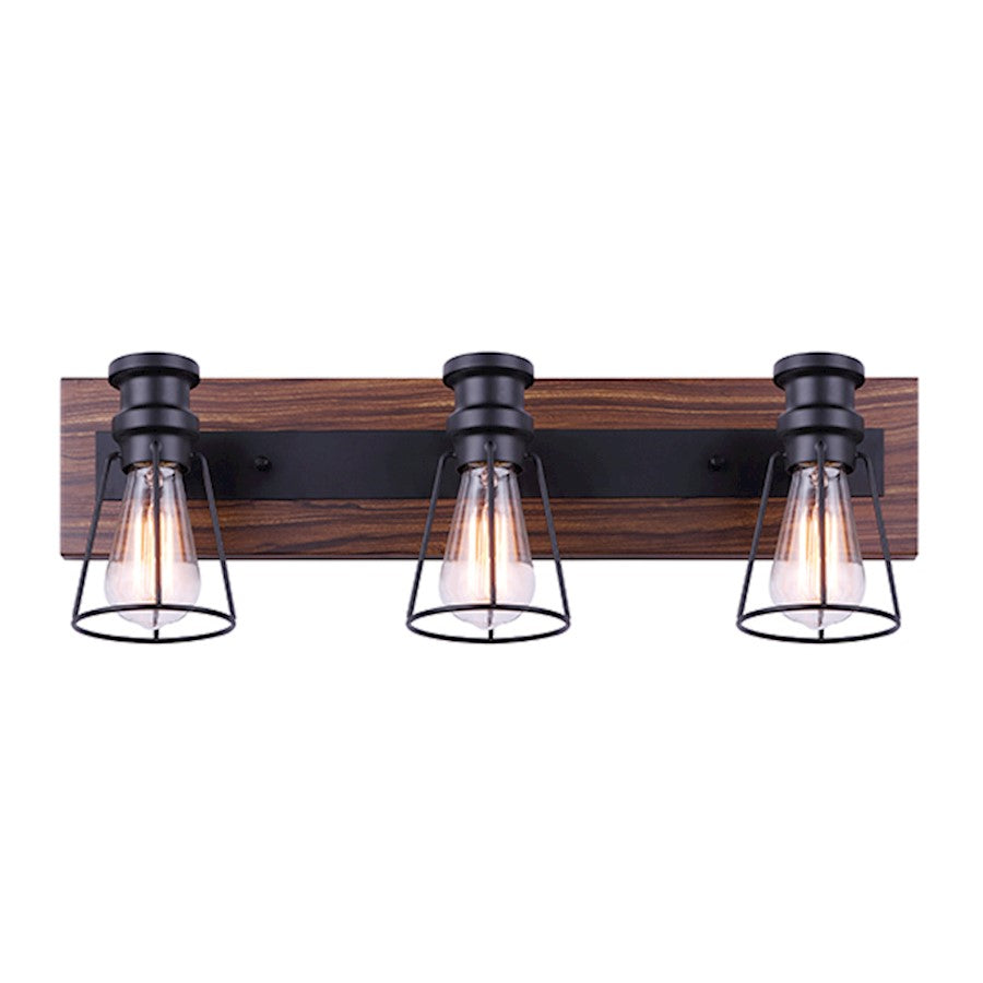 Canarm Blake 24in 3-Light Vanity Light | Industrial Matte Black and Faux Wood | Bathroom & Powder Room | 24 x 6.75 x 8 in | Model IVL752A03BKW