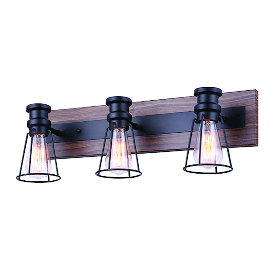 Canarm Blake 24in 3-Light Vanity Light | Industrial Matte Black and Faux Wood | Bathroom & Powder Room | 24 x 6.75 x 8 in | Model IVL752A03BKW