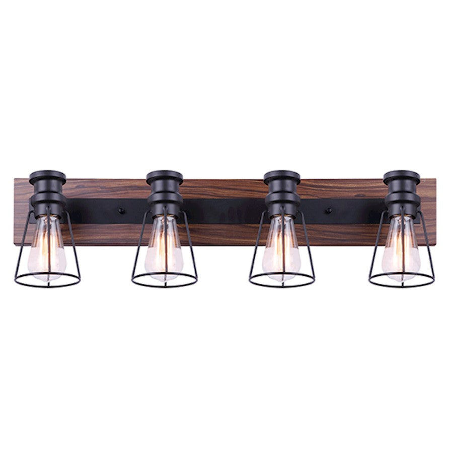 Canarm Blake 32in 4-Light Vanity Light | Industrial Matte Black and Faux Wood | Bathroom & Powder Room | 32 x 6.75 x 8 in | Model IVL752A04BKW