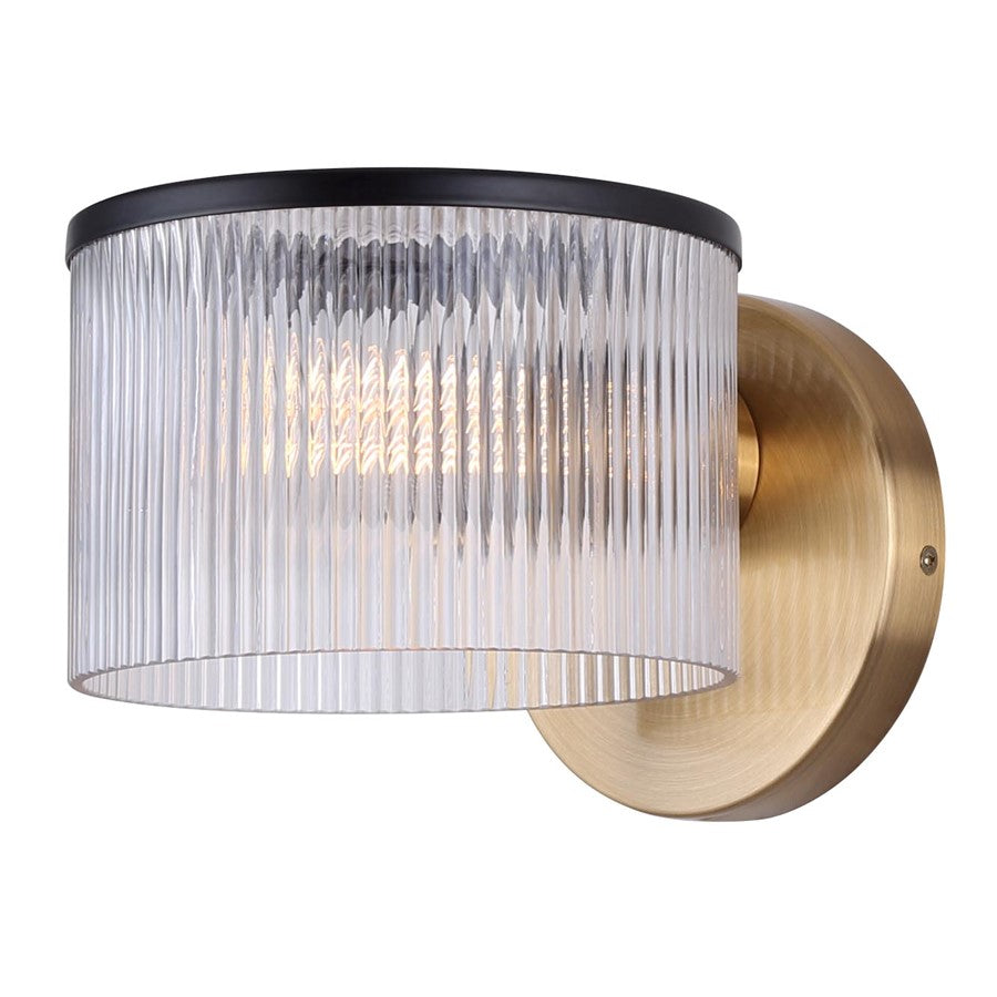 Canarm Jenner 7in 1-Light Wall Sconce | Mid-Century Matte Black and Gold with Clear Ribbed Glass | Hallway & Bedroom Accent | Model IWF1143A01BKG