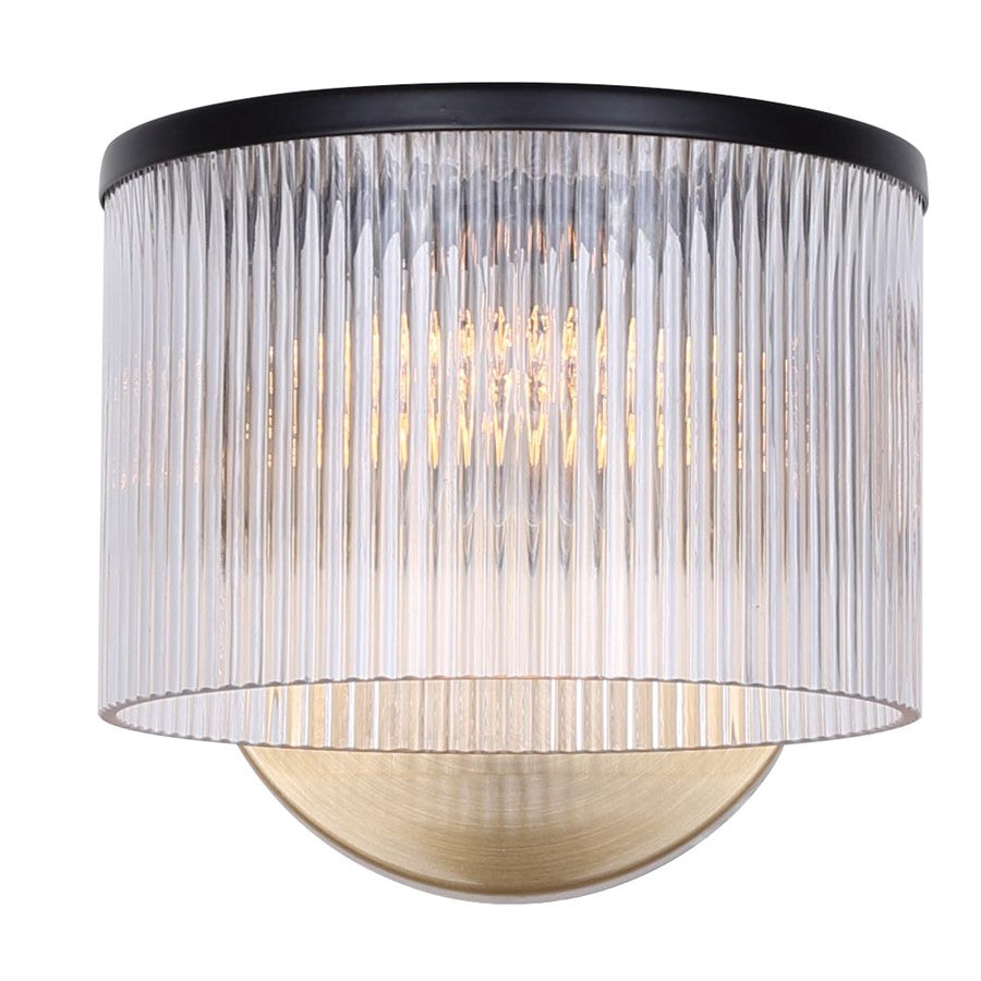 Canarm Jenner 7in 1-Light Wall Sconce | Mid-Century Matte Black and Gold with Clear Ribbed Glass | Hallway & Bedroom Accent | Model IWF1143A01BKG