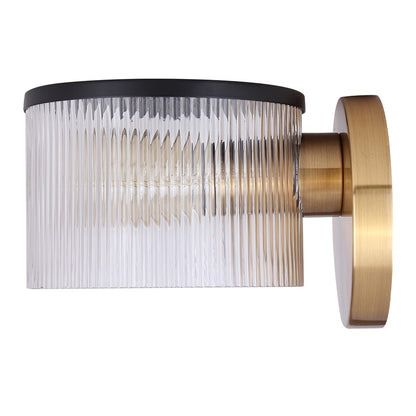 Canarm Jenner 7in 1-Light Wall Sconce | Mid-Century Matte Black and Gold with Clear Ribbed Glass | Hallway & Bedroom Accent | Model IWF1143A01BKG