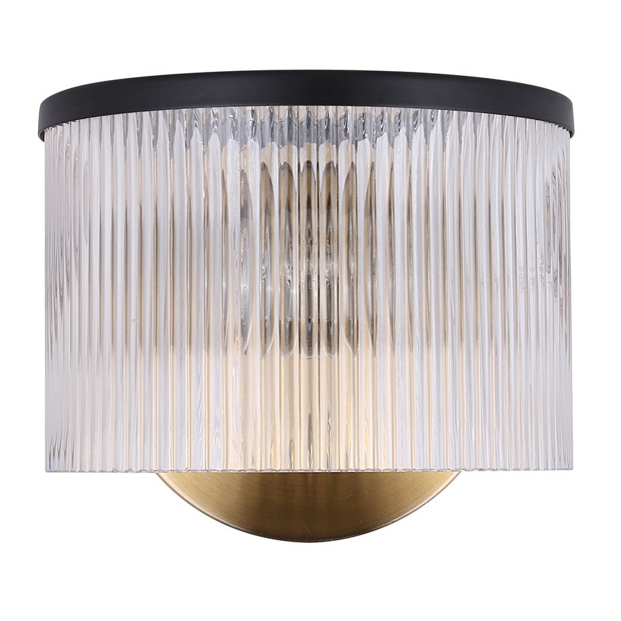 Canarm Jenner 7in 1-Light Wall Sconce | Mid-Century Matte Black and Gold with Clear Ribbed Glass | Hallway & Bedroom Accent | Model IWF1143A01BKG