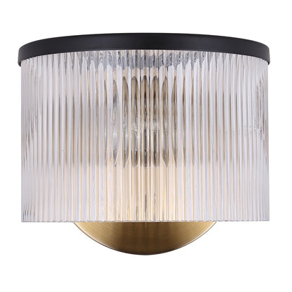 Canarm Jenner 7in 1-Light Wall Sconce | Mid-Century Matte Black and Gold with Clear Ribbed Glass | Hallway & Bedroom Accent | Model IWF1143A01BKG