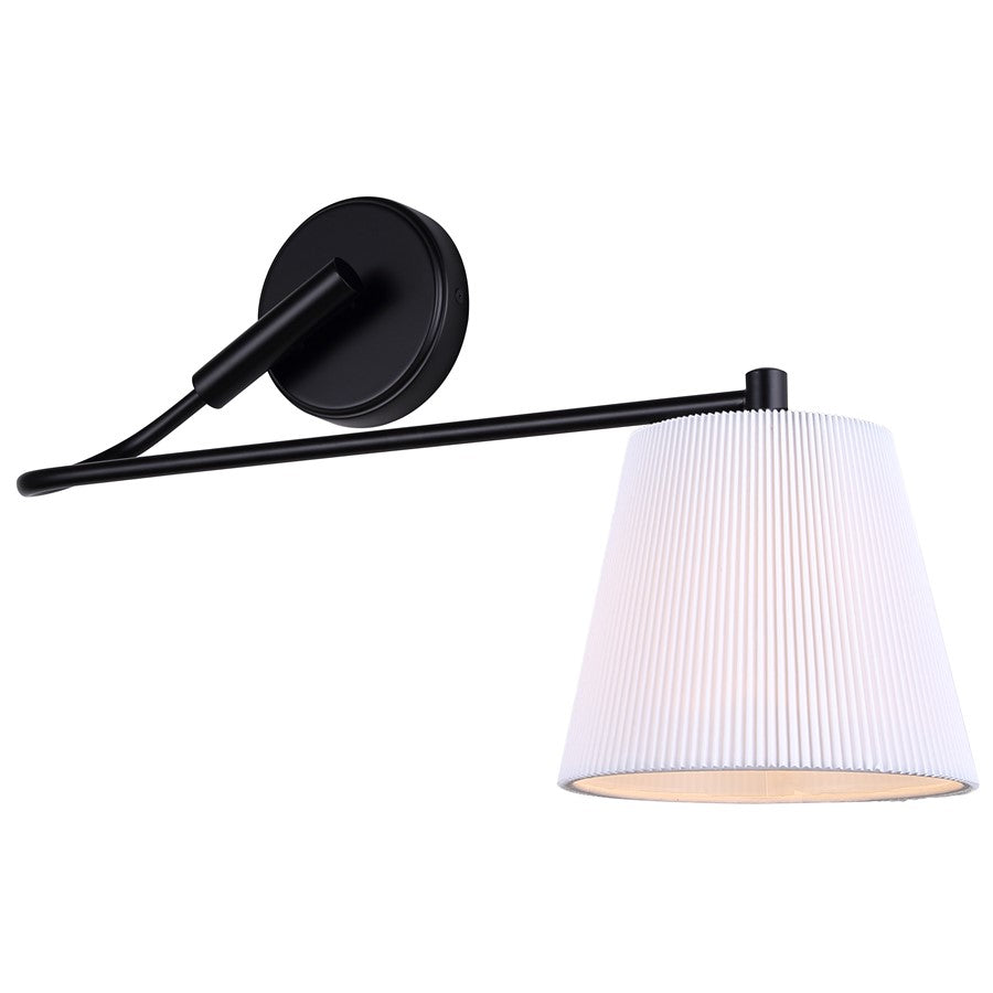 Canarm Aspen 22in 1-Light Wall Sconce | Matte Black and White Pleated Fabric Shade | Bedroom, Living Room & Hallway | Model IWF1201A01BK