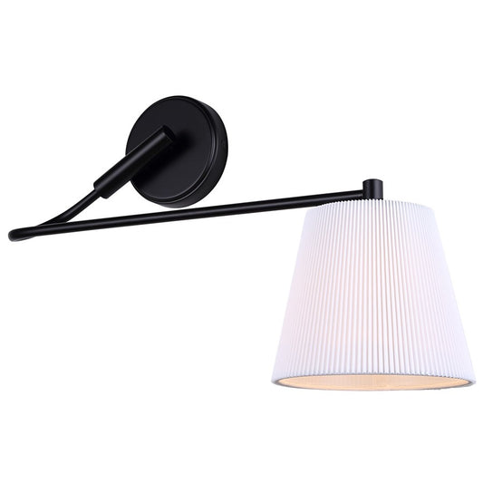 Canarm Aspen 22in 1-Light Wall Sconce | Matte Black and White Pleated Fabric Shade | Bedroom, Living Room & Hallway | Model IWF1201A01BK