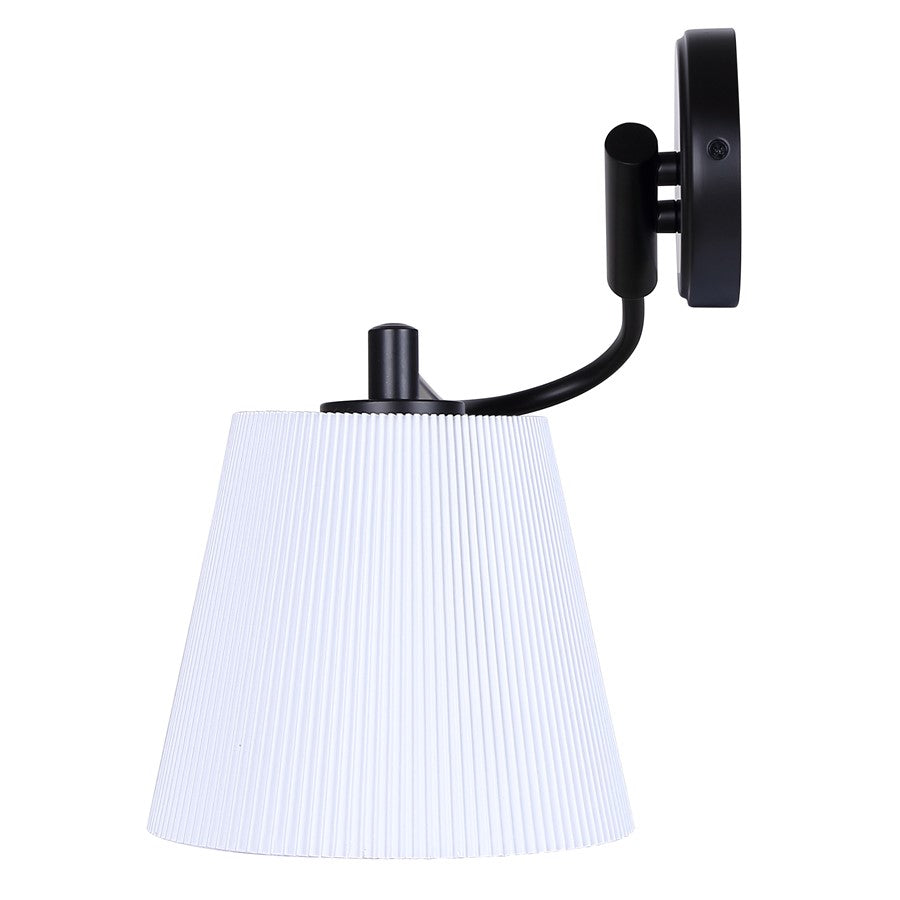 Canarm Aspen 22in 1-Light Wall Sconce | Matte Black and White Pleated Fabric Shade | Bedroom, Living Room & Hallway | Model IWF1201A01BK