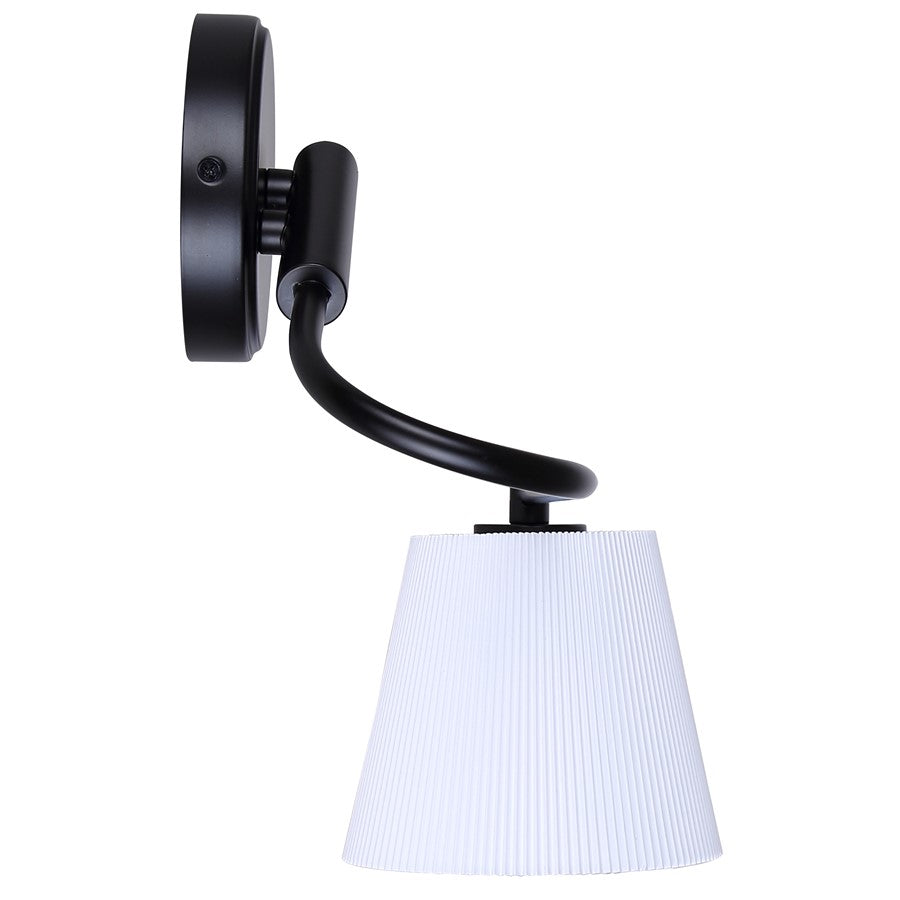 Canarm Aspen 22in 1-Light Wall Sconce | Matte Black and White Pleated Fabric Shade | Bedroom, Living Room & Hallway | Model IWF1201A01BK