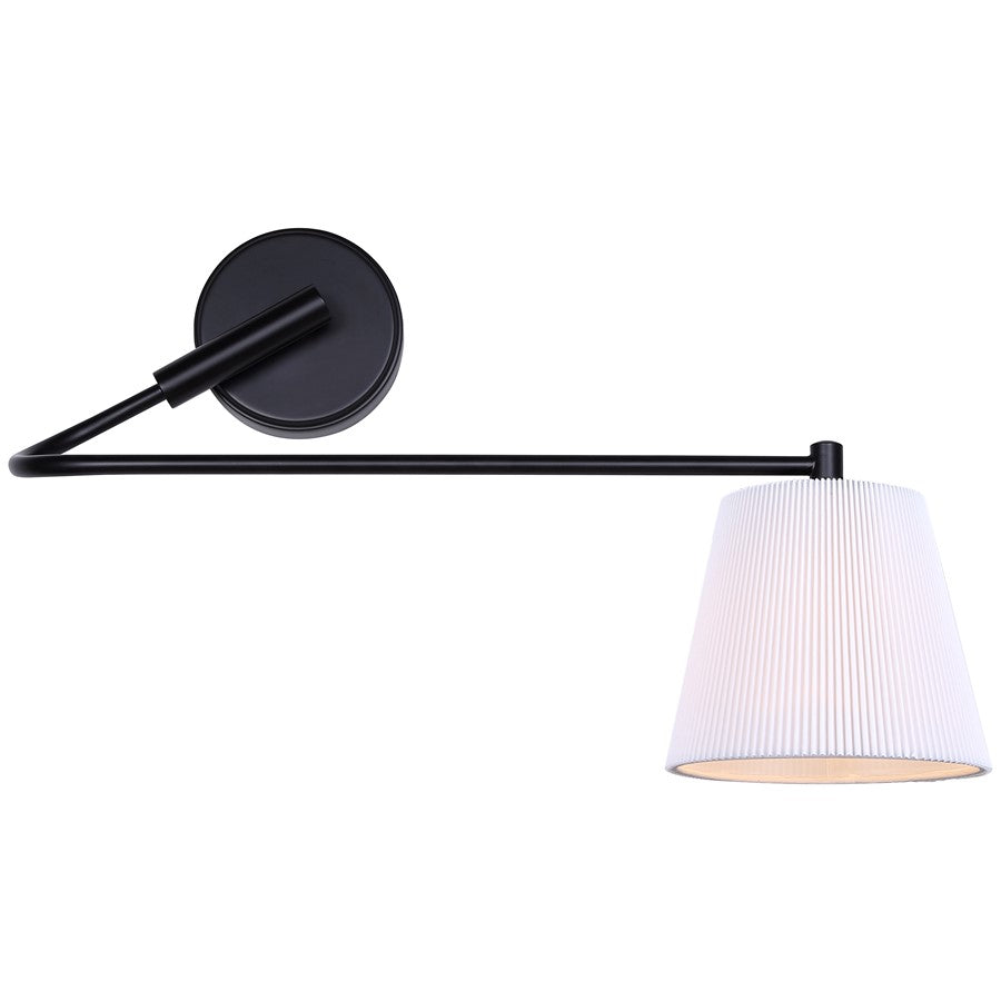Canarm Aspen 22in 1-Light Wall Sconce | Matte Black and White Pleated Fabric Shade | Bedroom, Living Room & Hallway | Model IWF1201A01BK