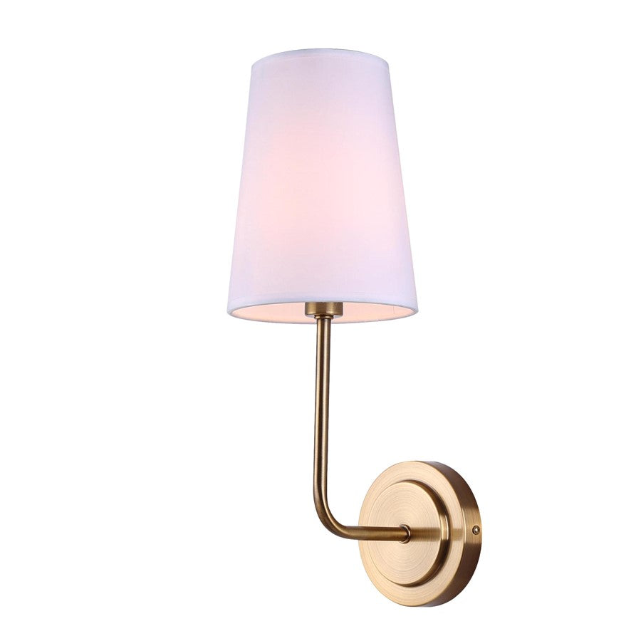 Canarm Amari 1-Light Wall Sconce | Warm Gold and White Fabric Shade | Hallway, Bedroom & Mirror Lighting | 8 x 5 x 17 in | Model IWF2038B01GD